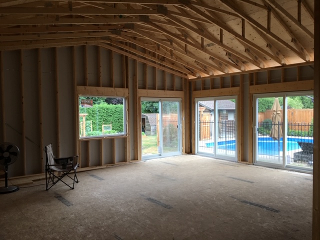Truss framing view + Windows and doors installed